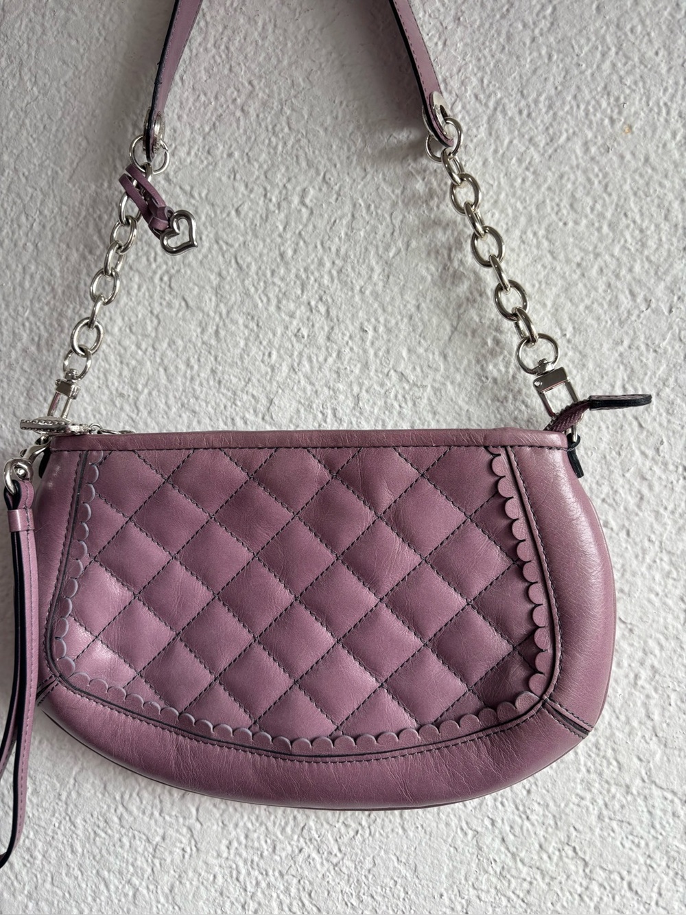 Vtg Y2K Brighton Leather Quilted Mauve Purple Shoulder Bag Silver Heart Chain